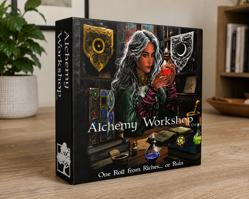 Alchemy Workshop board game box displayed on a tabletop